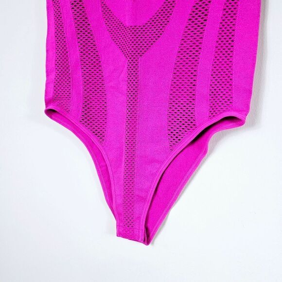 Nylon Mesh Cutout Bodysuit Mockneck  Top FUCHSIA Pink NWT Size S/M and M/L - Picture 3 of 10
